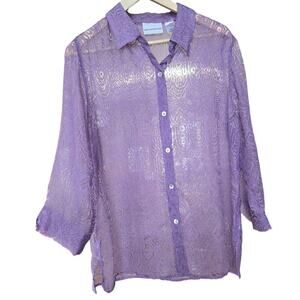 Women's Vintage Sheer Textured Button-Up Blouse Size 14 Purple Artsy Boho Hippie
